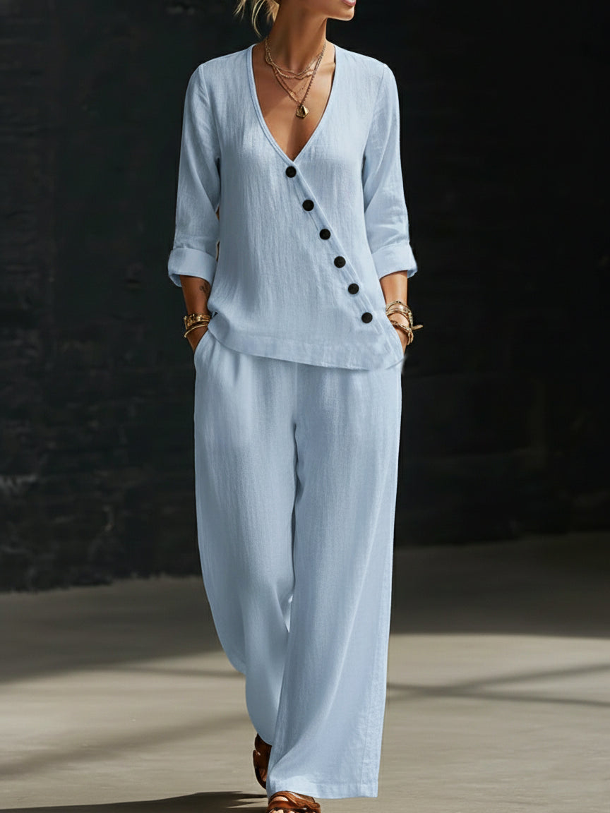 Minimalist V-neck Shirt And Wide-leg Pants Two-piece Set
