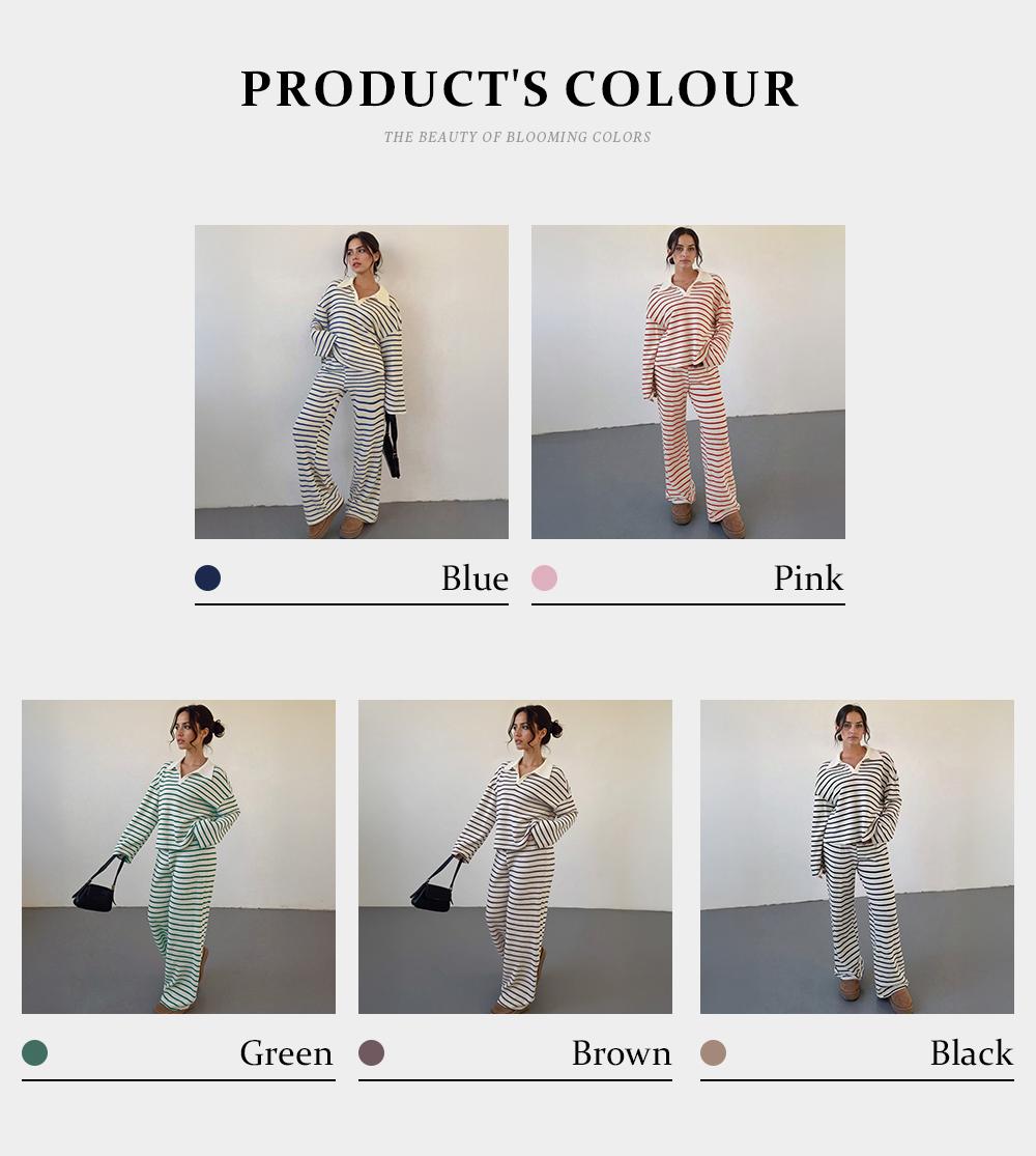KatchMe Women's Casual Color Matching Stripe Long Sleeve Top & Wide Leg Trousers Co-ord, Soft V-Neck Loose Two Piece Outfits, Comfortable Womenswear（CN）