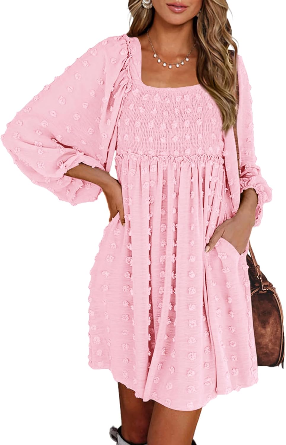 BTFBM Women Square Neck Smocked Summer Fall Dresses 2023 Long Sleeve Floral Swiss Dot Ruffle Party Mini Babydoll Dress
