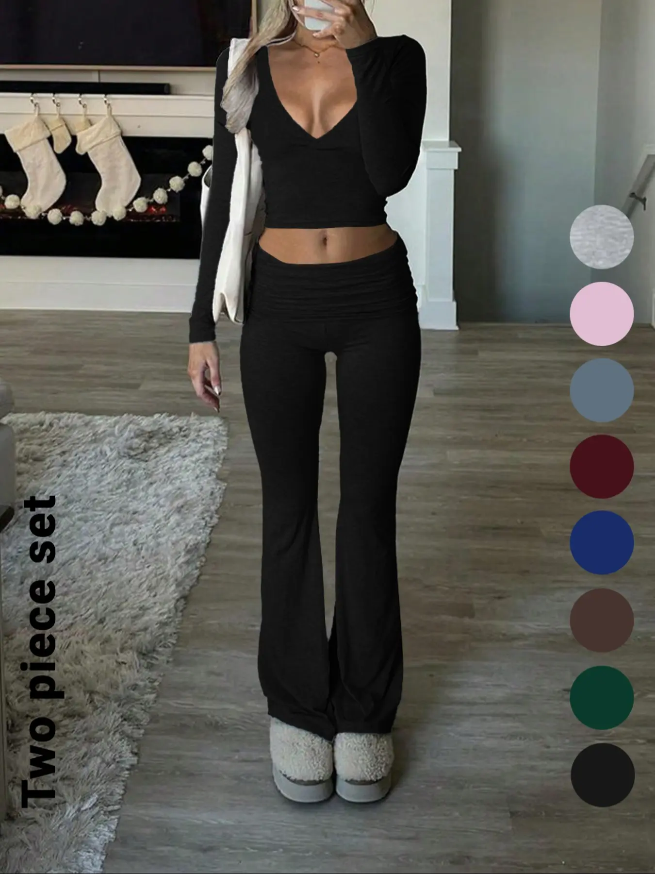 Slim-Fit Crop Top & Pants Two-Piece Set, Solid Color V-Neck Long Sleeve for Fall and Winter, Airport Outfit
