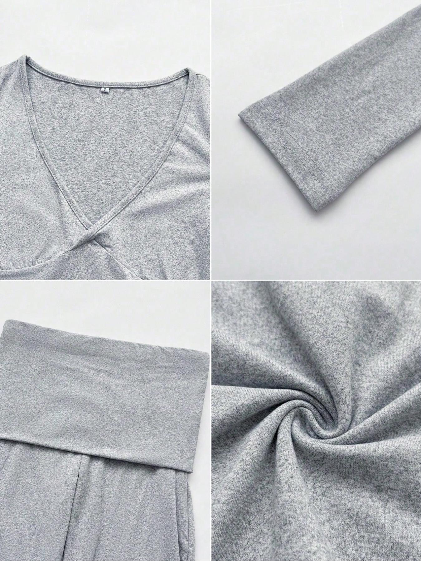 Slim-Fit Crop Top & Pants Two-Piece Set, Solid Color V-Neck Long Sleeve for Fall and Winter, Airport Outfit