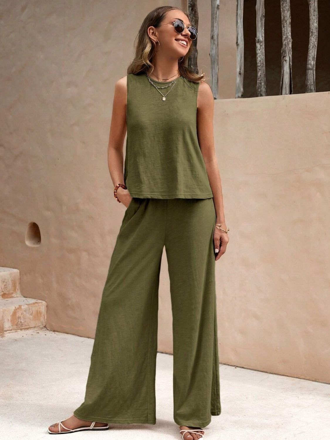 2 Sets-Cotton and linen-Round Neck Sleeveless Top and Wide Leg Pants Set
