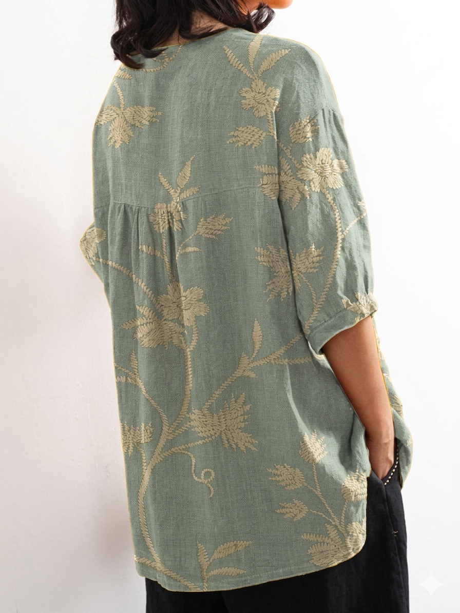 Women's Retro Floral Art Print Casual Cotton And Linen Shirt