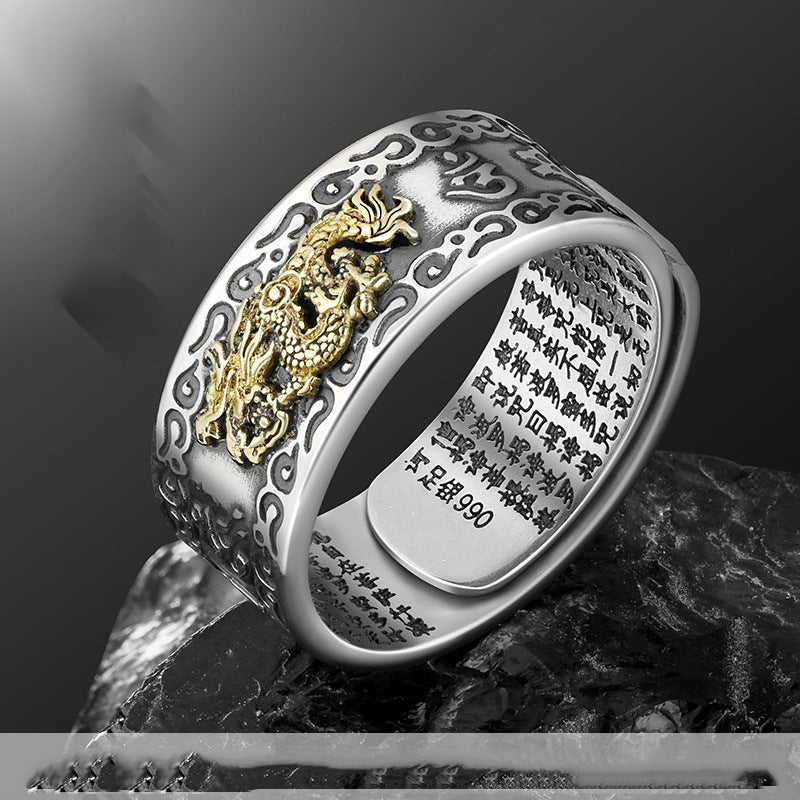 Feng Shui Pixiu Mantra Ring, Pixiu Amulet Ring, 990 Silver Buddhist Good Luck Amulet with Mantra for Double Protection