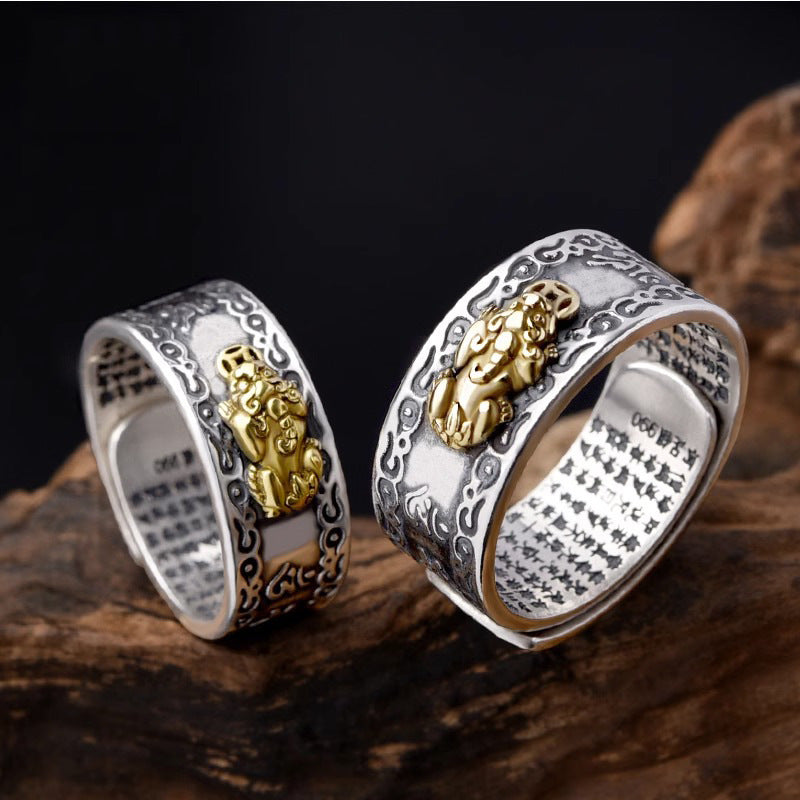 Feng Shui Pixiu Mantra Ring, Pixiu Amulet Ring, 990 Silver Buddhist Good Luck Amulet with Mantra for Double Protection