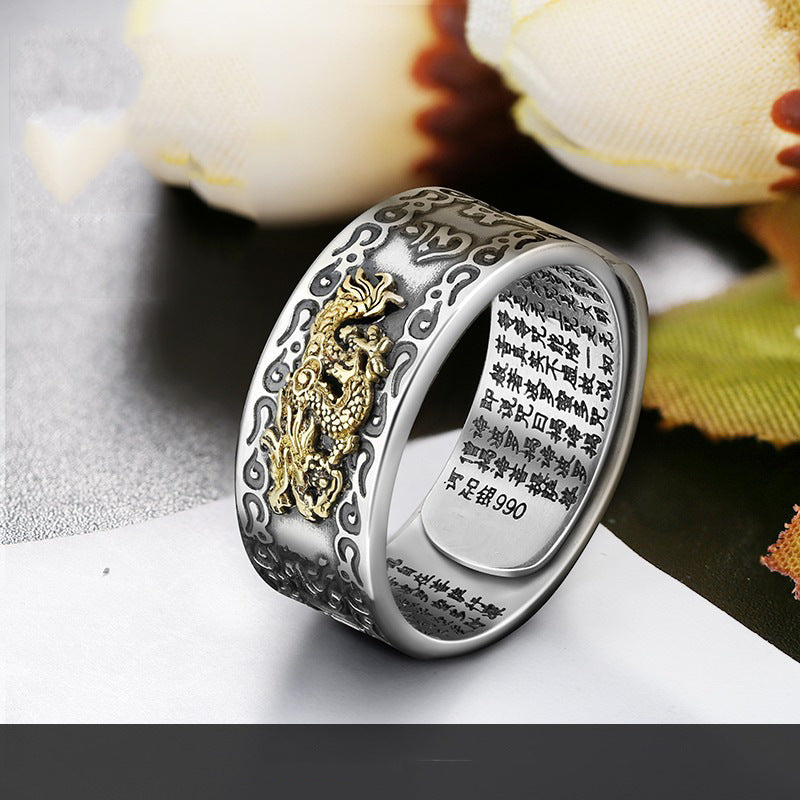 Feng Shui Pixiu Mantra Ring, Pixiu Amulet Ring, 990 Silver Buddhist Good Luck Amulet with Mantra for Double Protection