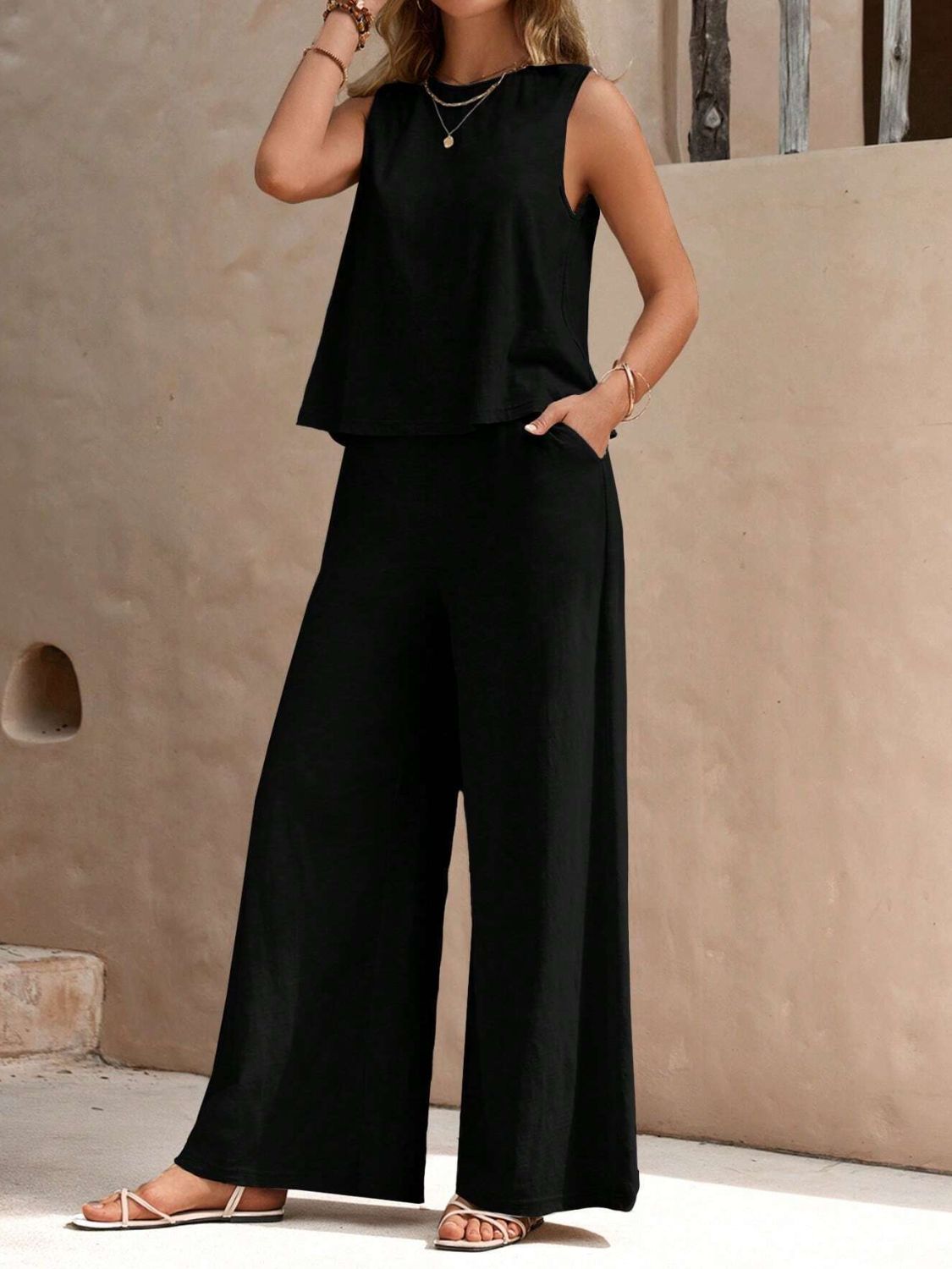 2 Sets-Cotton and linen-Round Neck Sleeveless Top and Wide Leg Pants Set