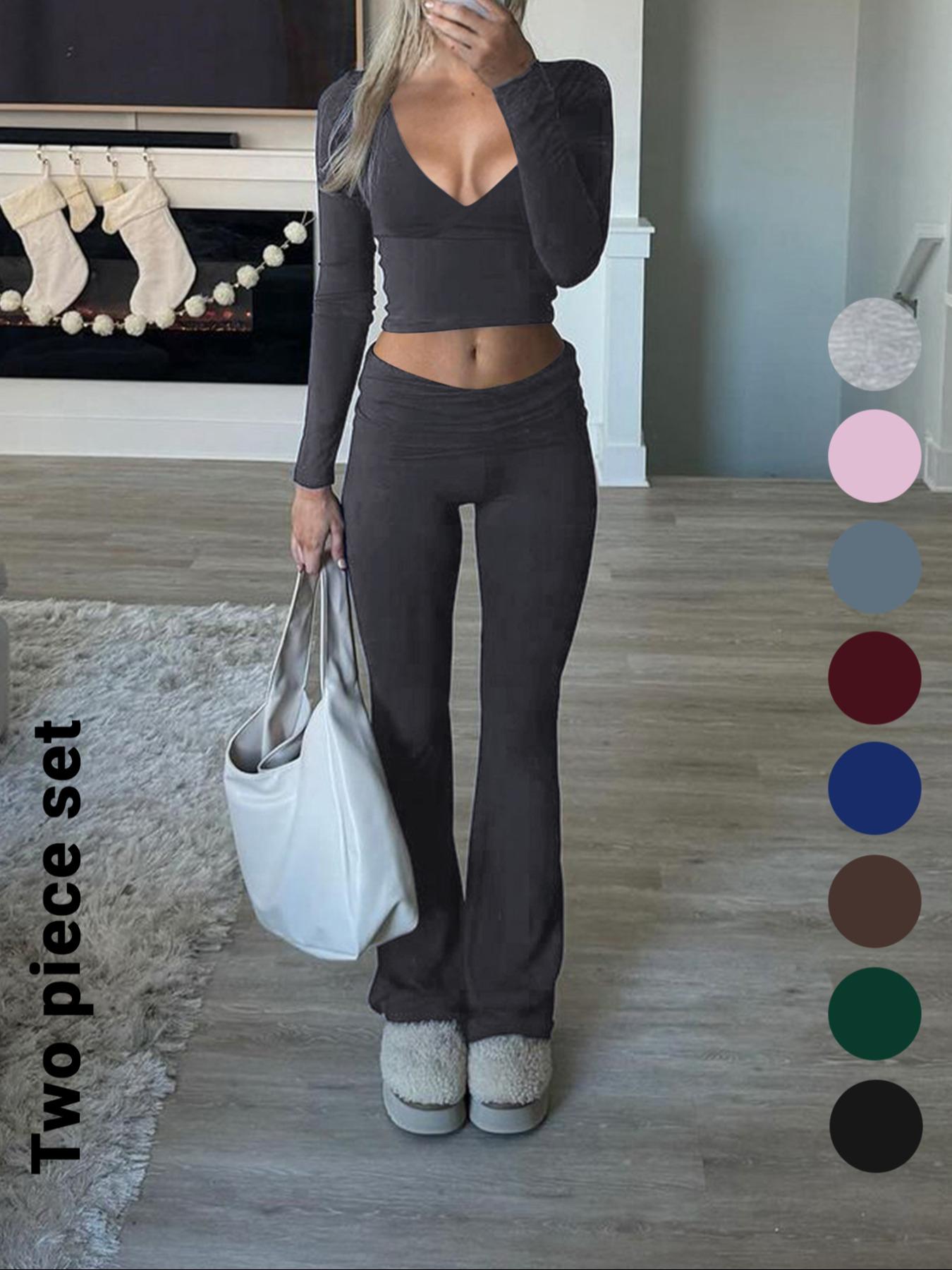Slim-Fit Crop Top & Pants Two-Piece Set, Solid Color V-Neck Long Sleeve for Fall and Winter, Airport Outfit