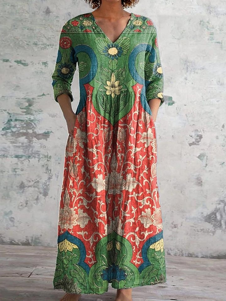 Women's Vintage Lovely Floral Art Print Cotton Dress