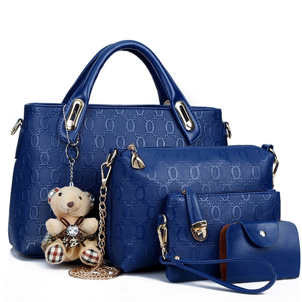 Women's 4-Piece Blue Handbag Set with Teddy Bear Charm – Stylish & Functional Everyday Bags