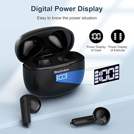 Blackview Wireless Bluetooth sluchátka AirBuds 7, Bluetooth 5.3, šumová izolace s hlubokými basy, IP7 voděodolnost, 40 hodin výdrže, LED displej