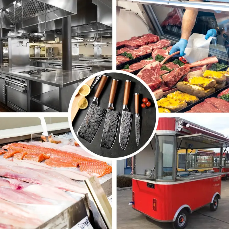 Damasko rašto nerūdijančio plieno virtuvės peilių rinkinys – šefo daržovių, mėsos ir kaulų peilių komerciniai virtuvės įrankiai
