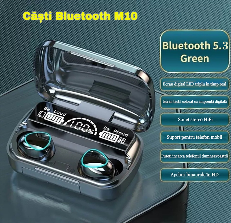 Căști Bluetooth M10, cu baterie de lungă durată, anulare a zgomotului wireless, pentru jocuri și sport, TWS intra-auriculare