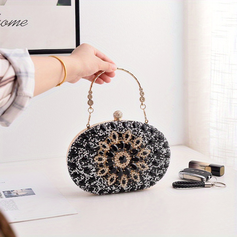 🎁 50% sleva na všechny produkty !💎Dámská kabelka na ruce s kamínkovou květinovou rukojetí z lesklé kůže✨