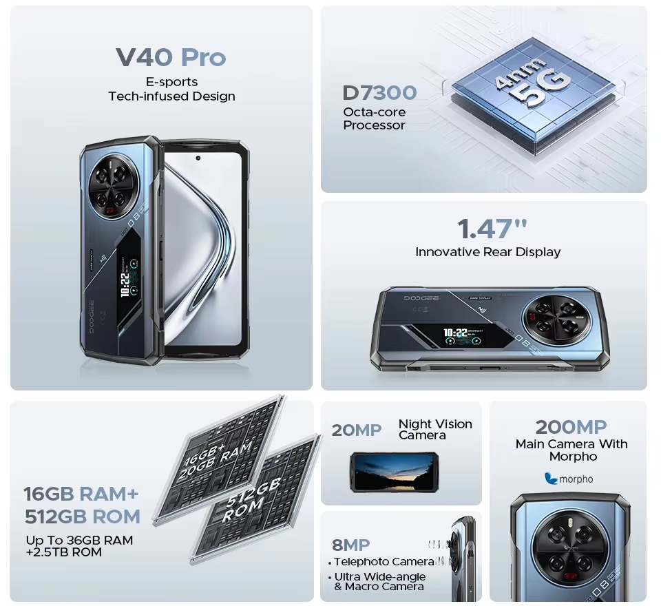 Estreia mundial Doogee V40 Pro 5G telefone robusto 6.78 "16gb + 512gb telefones de jogos 