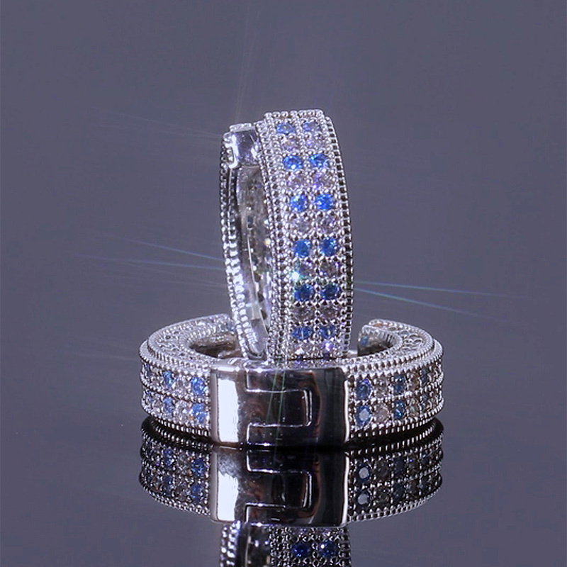 Blue&White Iced Hoop Earring In White Gold