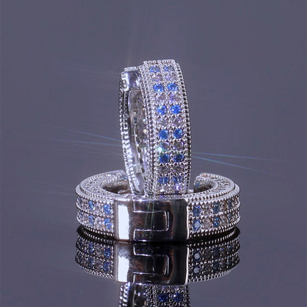 Blue&White Iced Hoop Earring In White Gold