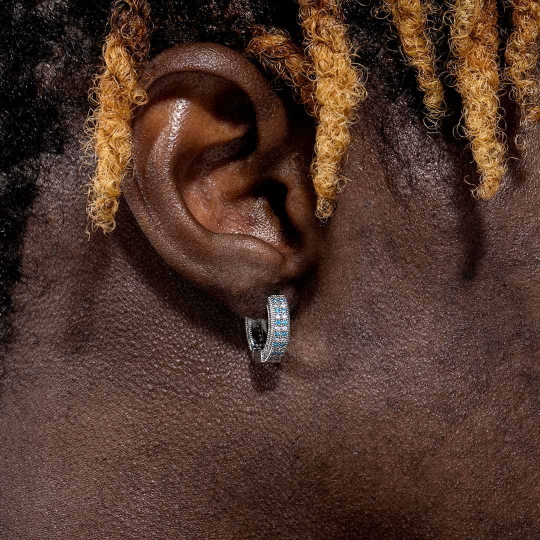 Blue&White Iced Hoop Earring In White Gold