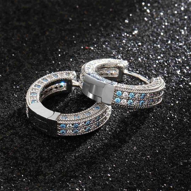 Blue&White Iced Hoop Earring In White Gold
