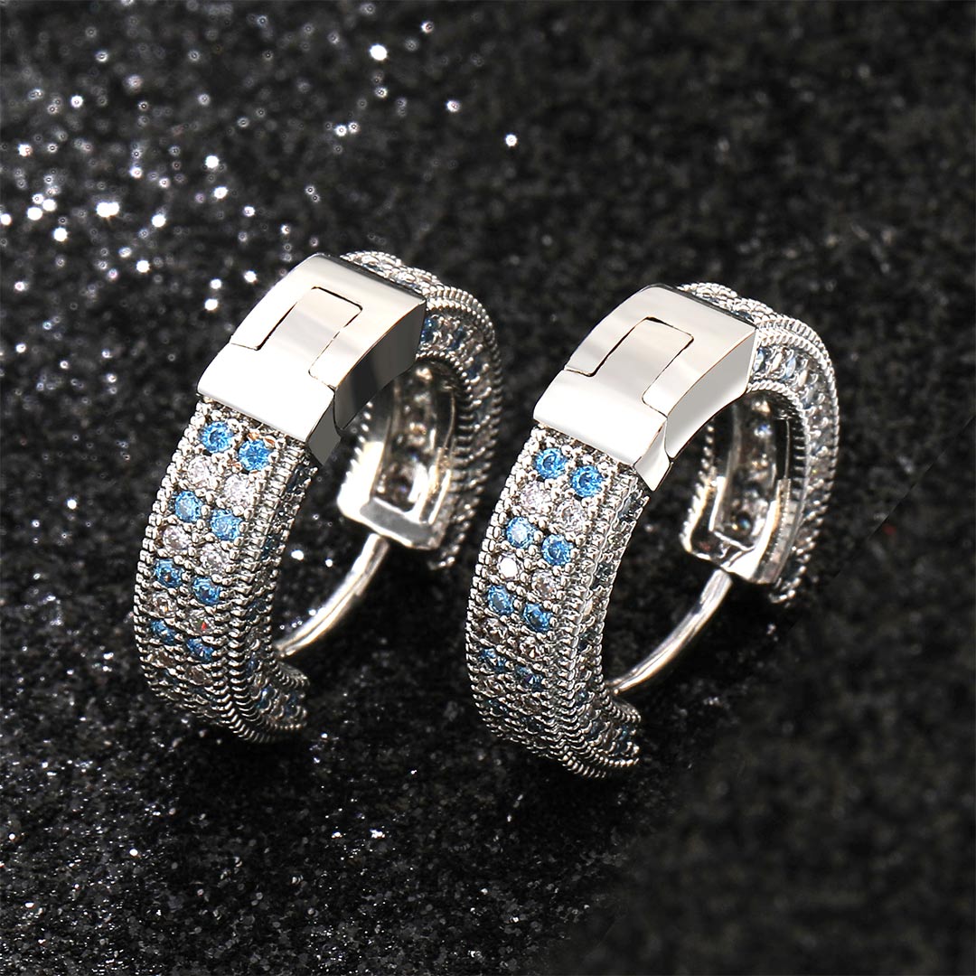 Blue&White Iced Hoop Earring In White Gold