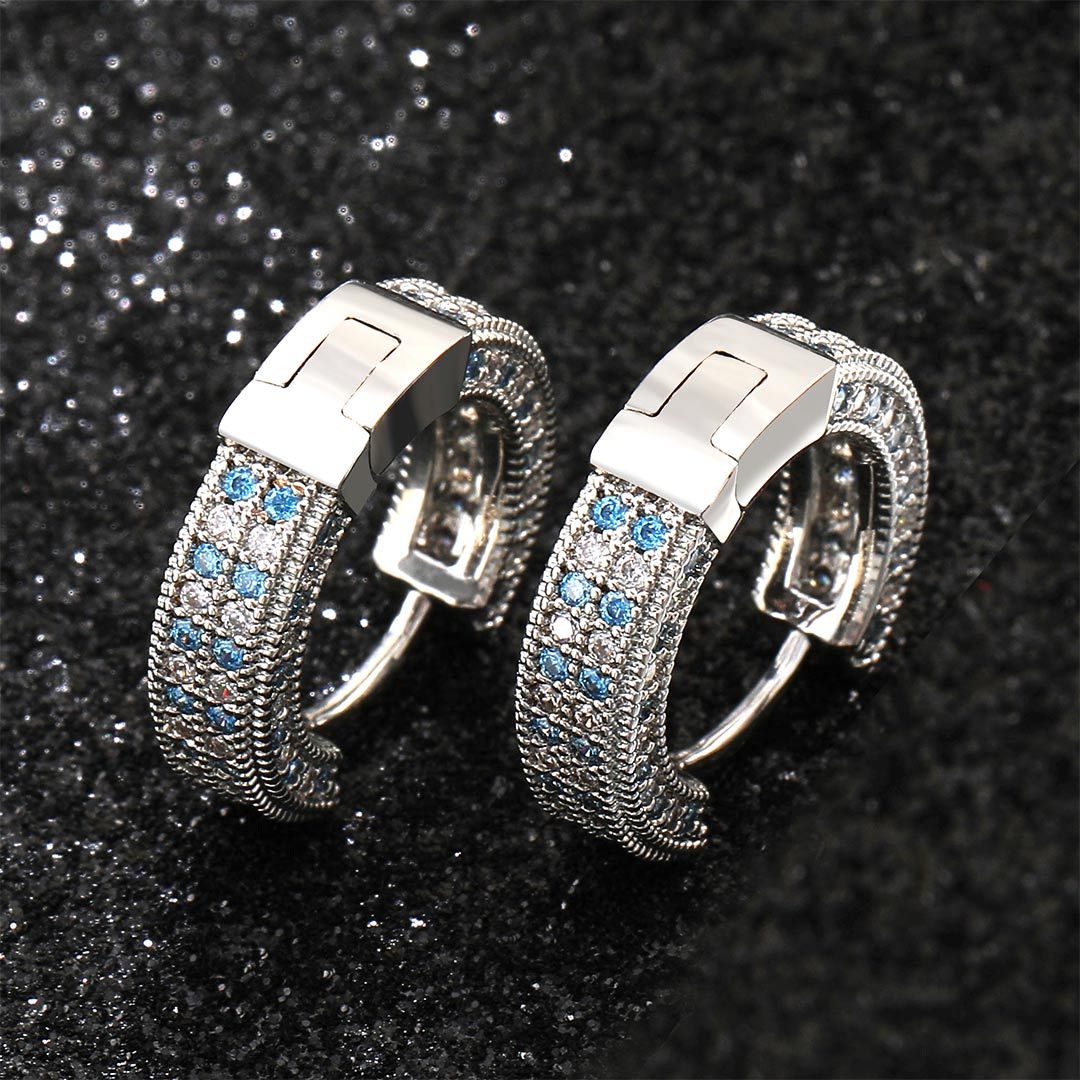 Blue&White Iced Hoop Earring In White Gold