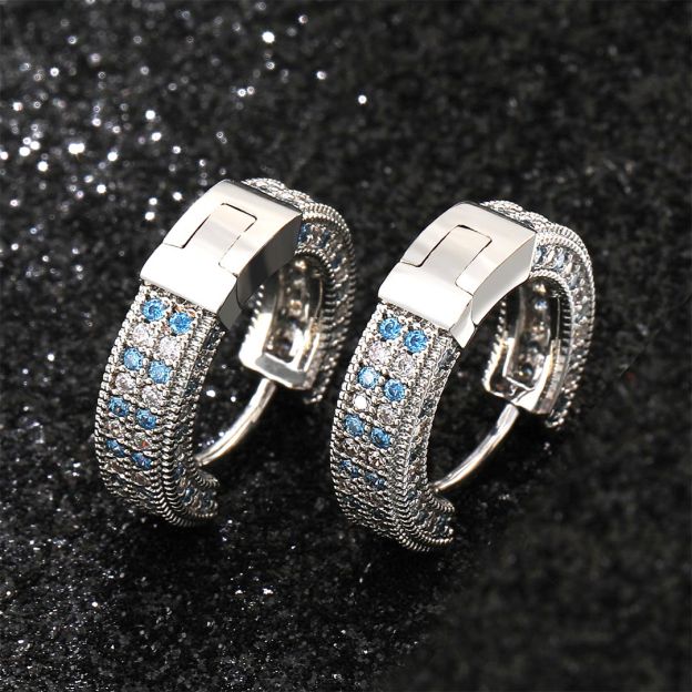 Blue&White Iced Hoop Earring In White Gold
