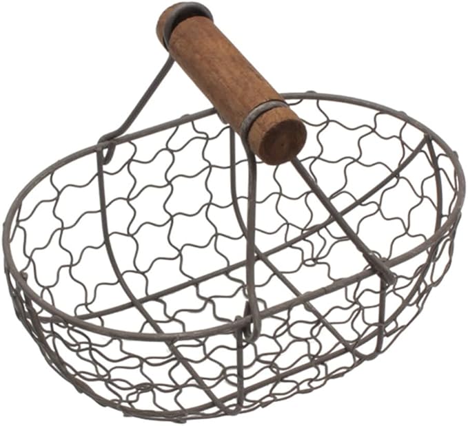Cesta de arame metálico para ovos com pega de madeira, cesta oval vintage, cesta de arame oco para armazenamento de doces para a Páscoa, casamento, artesanato DIY, decoração de casa