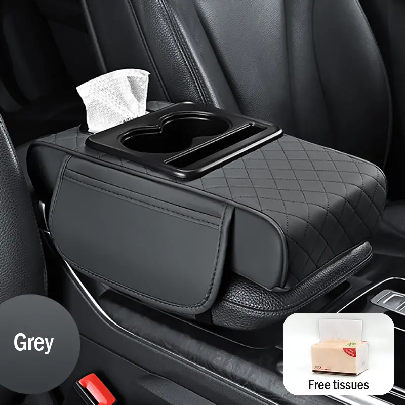 Bracciolo universale 4 in 1 in pelle per auto con porta fazzoletti incorporato e portabicchieri