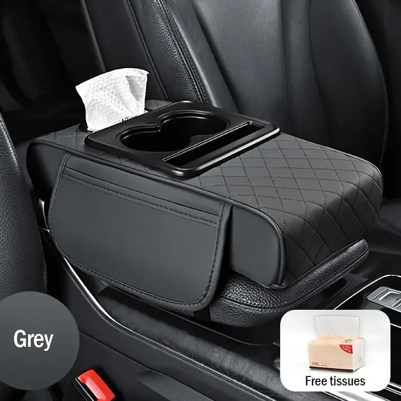 Bracciolo universale 4 in 1 in pelle per auto con porta fazzoletti incorporato e portabicchieri