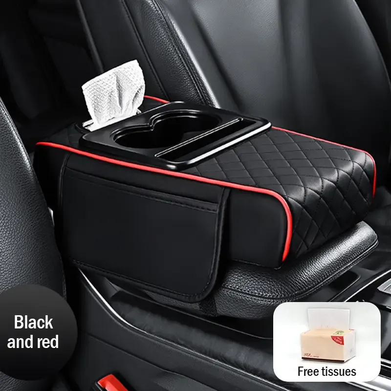 Bracciolo universale 4 in 1 in pelle per auto con porta fazzoletti incorporato e portabicchieri