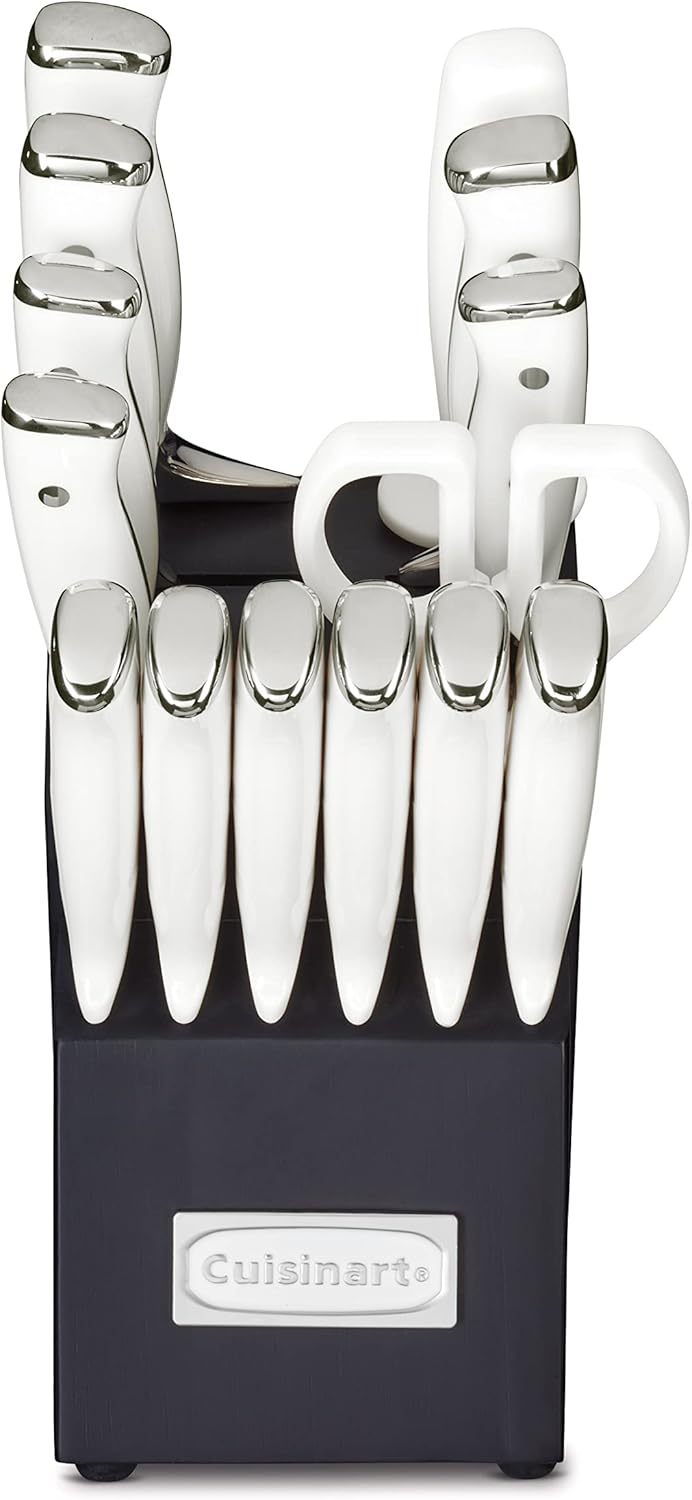 Cuisinart 15-Piece Knife Set with Block, High Carbon Stainless Steel, Forged Triple Rivet, White, C77WTR-15P