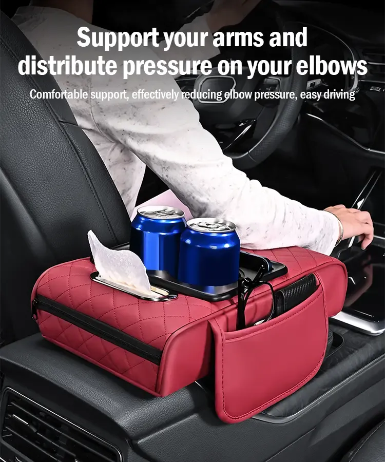 Bracciolo universale 4 in 1 in pelle per auto con porta fazzoletti incorporato e portabicchieri