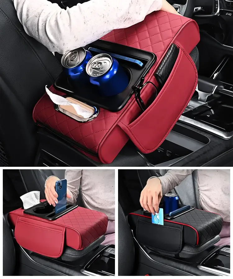 Bracciolo universale 4 in 1 in pelle per auto con porta fazzoletti incorporato e portabicchieri