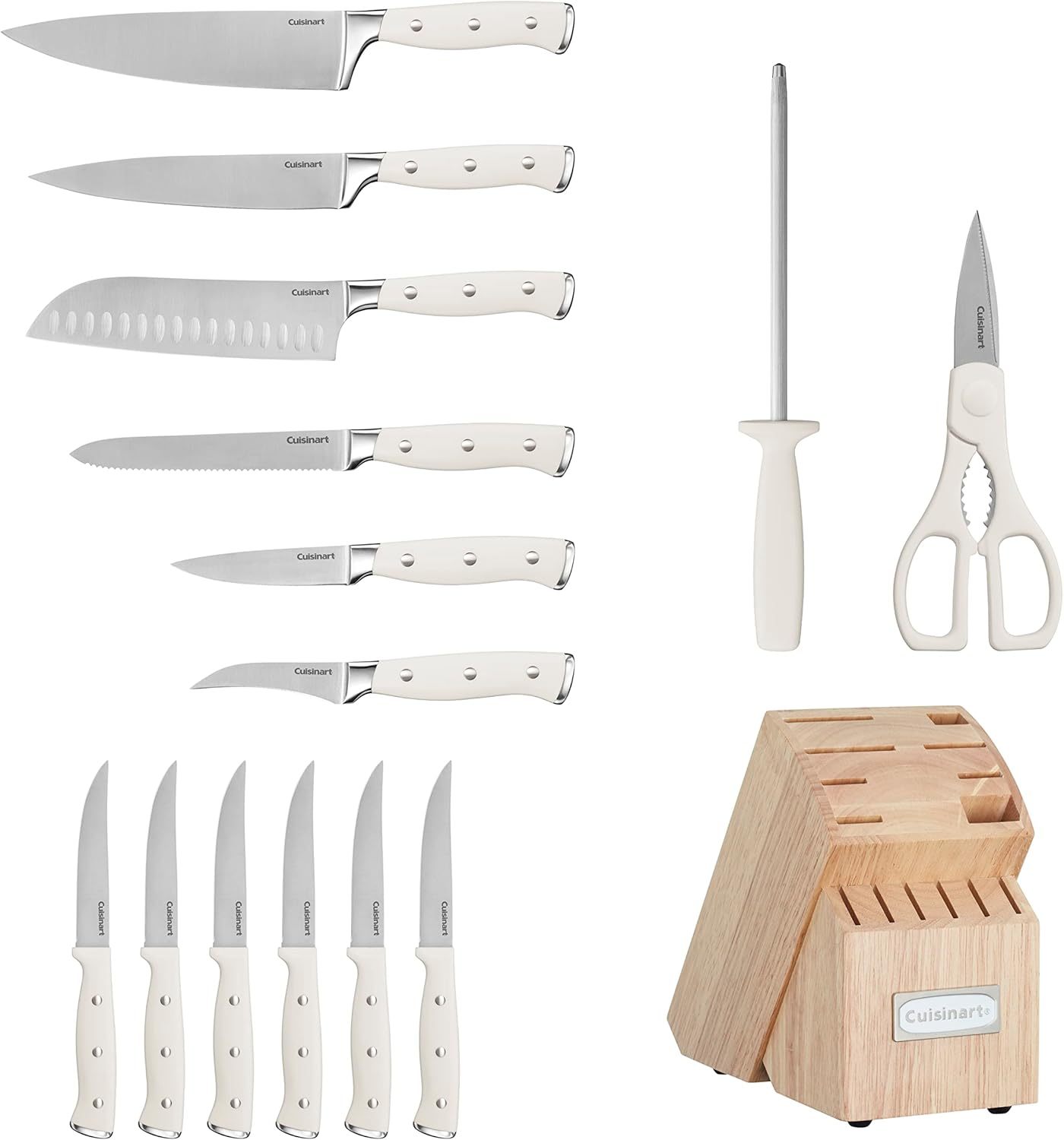 Cuisinart 15-Piece Knife Set with Block, High Carbon Stainless Steel, Forged Triple Rivet, White, C77WTR-15P