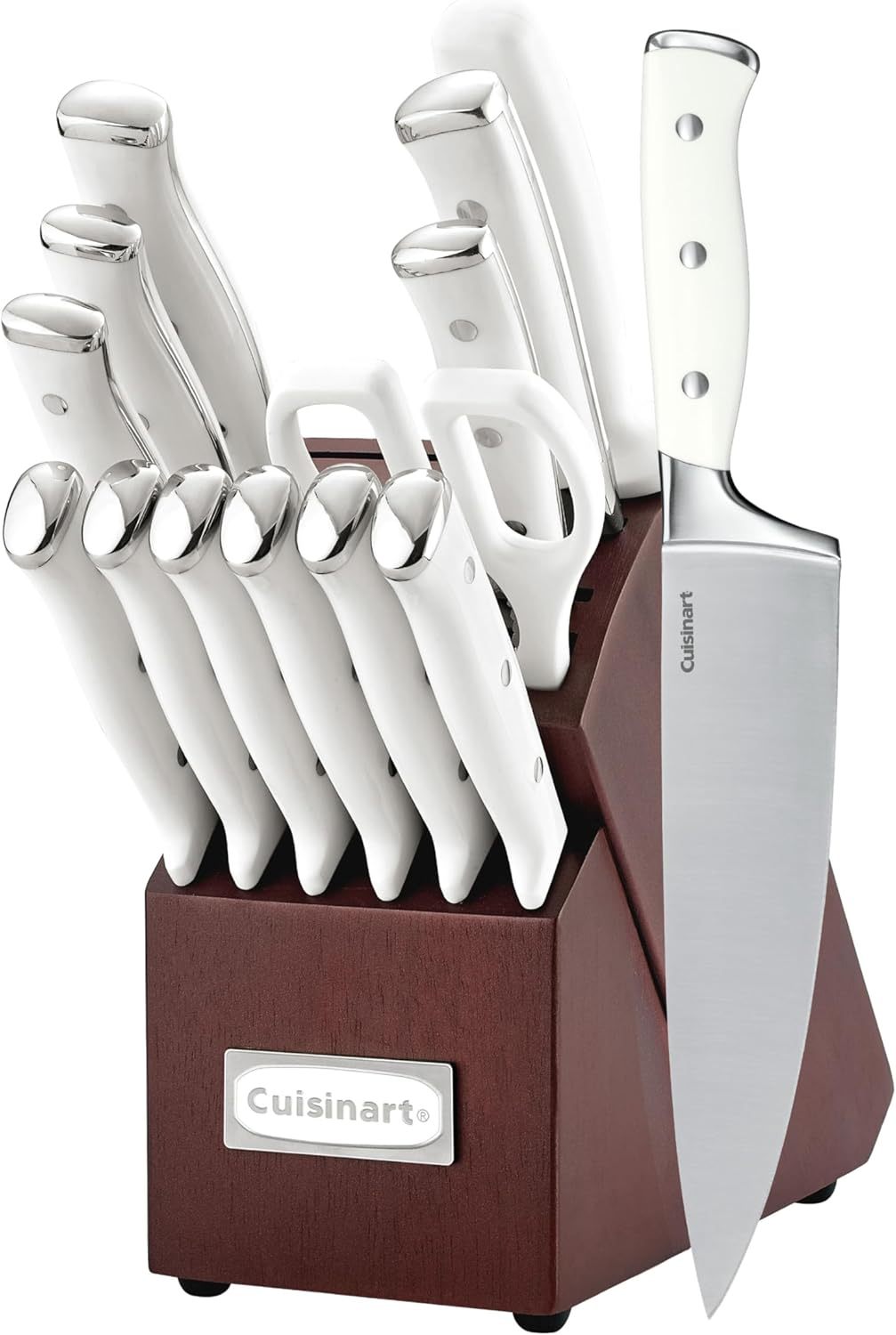 Cuisinart 15-Piece Knife Set with Block, High Carbon Stainless Steel, Forged Triple Rivet, White, C77WTR-15P