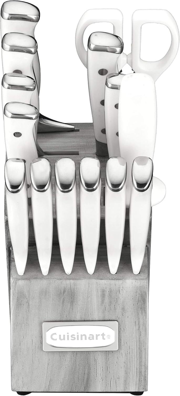 Cuisinart 15-Piece Knife Set with Block, High Carbon Stainless Steel, Forged Triple Rivet, White, C77WTR-15P