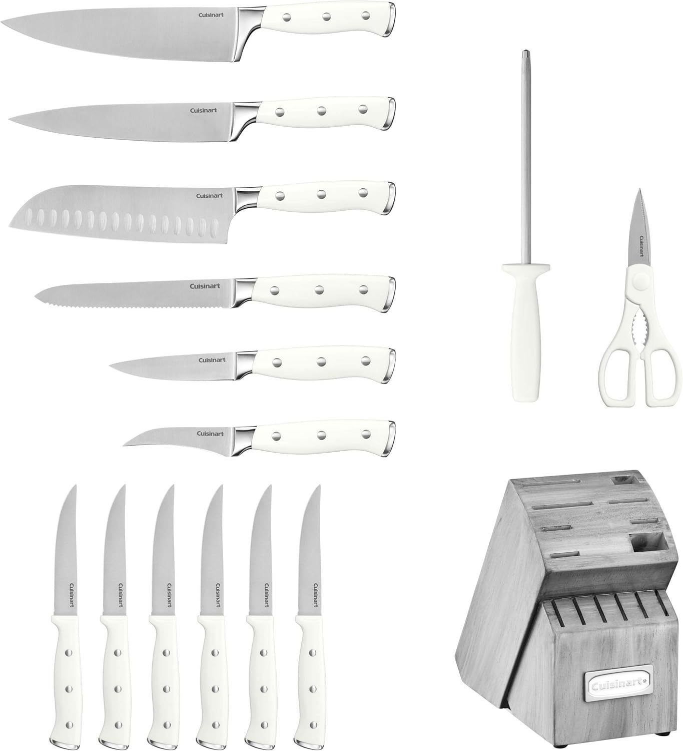 Cuisinart 15-Piece Knife Set with Block, High Carbon Stainless Steel, Forged Triple Rivet, White, C77WTR-15P