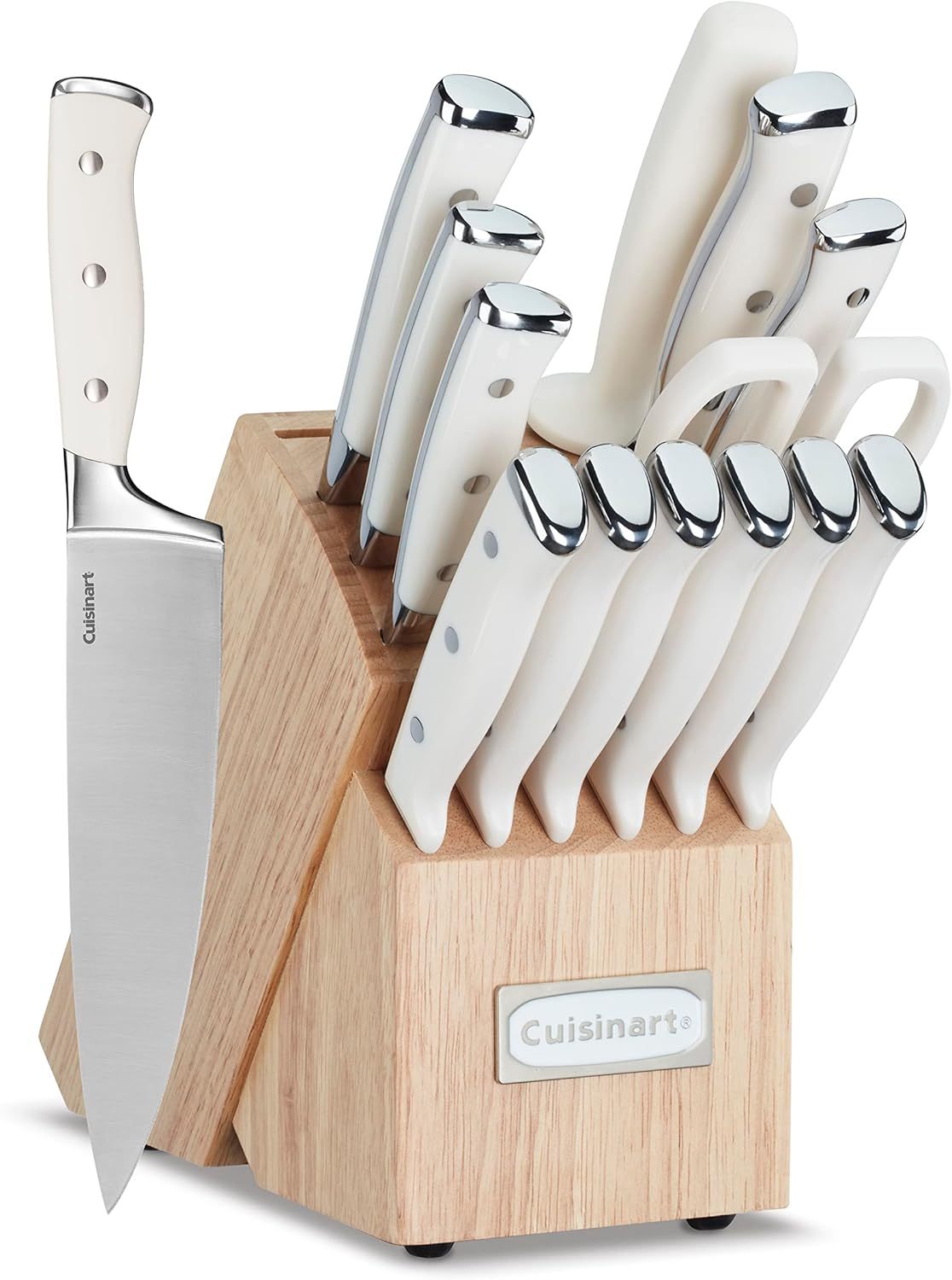 Cuisinart 15-Piece Knife Set with Block, High Carbon Stainless Steel, Forged Triple Rivet, White, C77WTR-15P