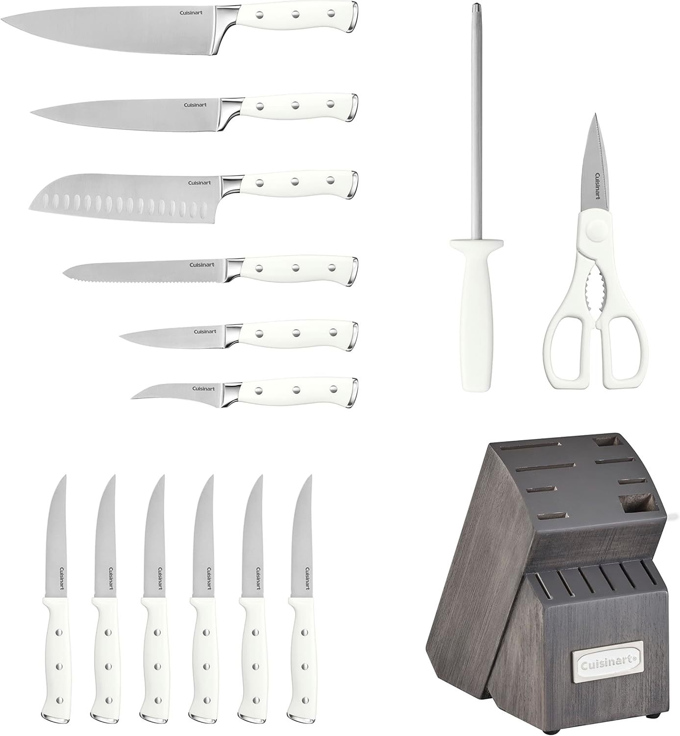 Cuisinart 15-Piece Knife Set with Block, High Carbon Stainless Steel, Forged Triple Rivet, White, C77WTR-15P