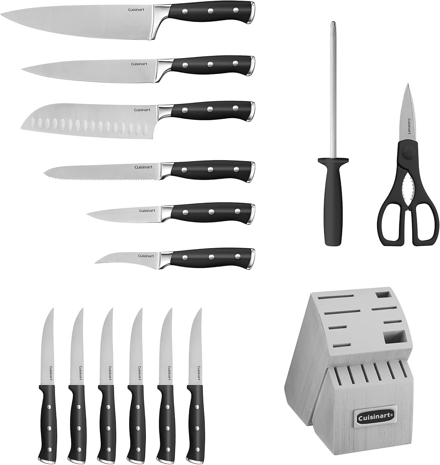 Cuisinart 15-Piece Knife Set with Block, High Carbon Stainless Steel, Forged Triple Rivet, White, C77WTR-15P