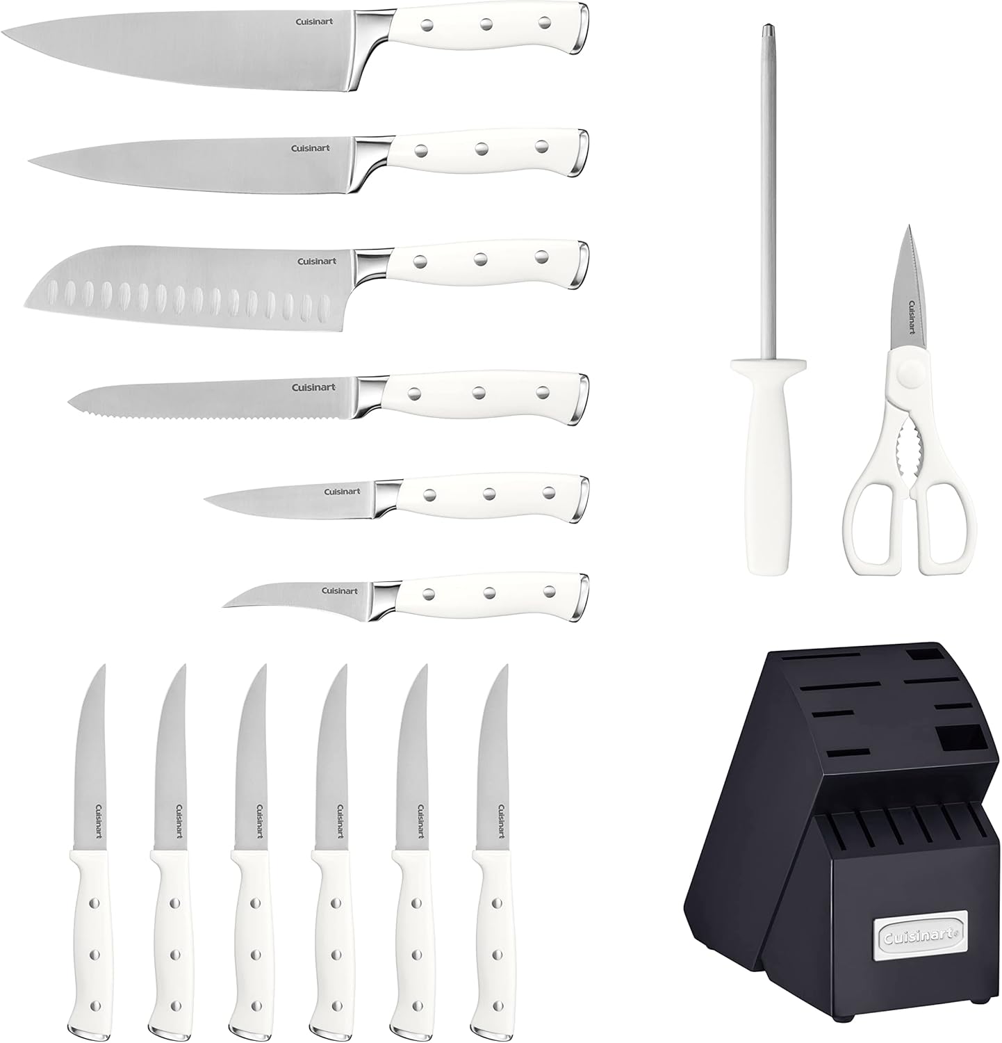 Cuisinart 15-Piece Knife Set with Block, High Carbon Stainless Steel, Forged Triple Rivet, White, C77WTR-15P