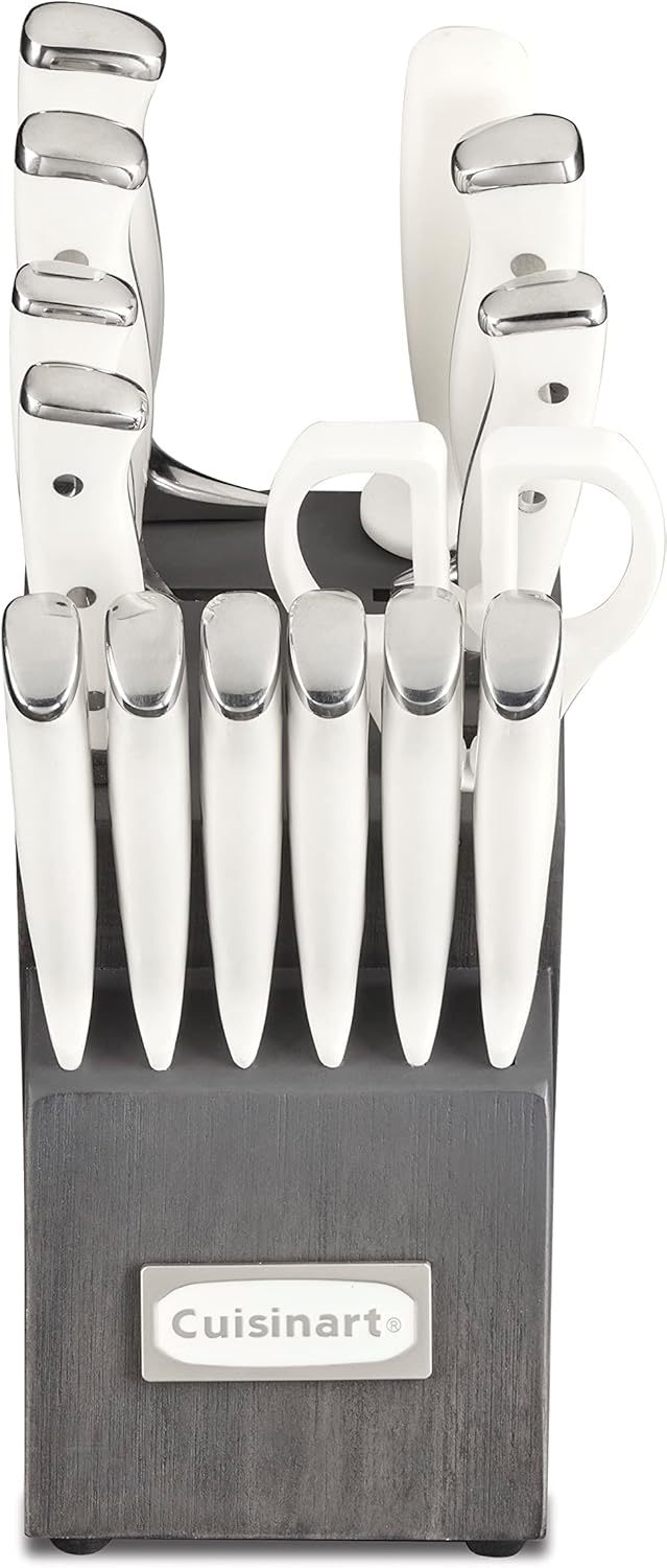 Cuisinart 15-Piece Knife Set with Block, High Carbon Stainless Steel, Forged Triple Rivet, White, C77WTR-15P