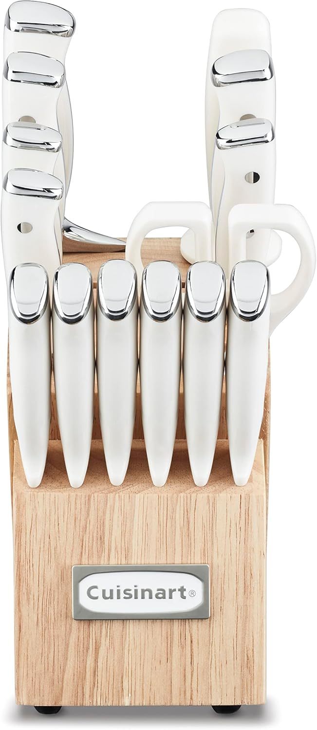 Cuisinart 15-Piece Knife Set with Block, High Carbon Stainless Steel, Forged Triple Rivet, White, C77WTR-15P