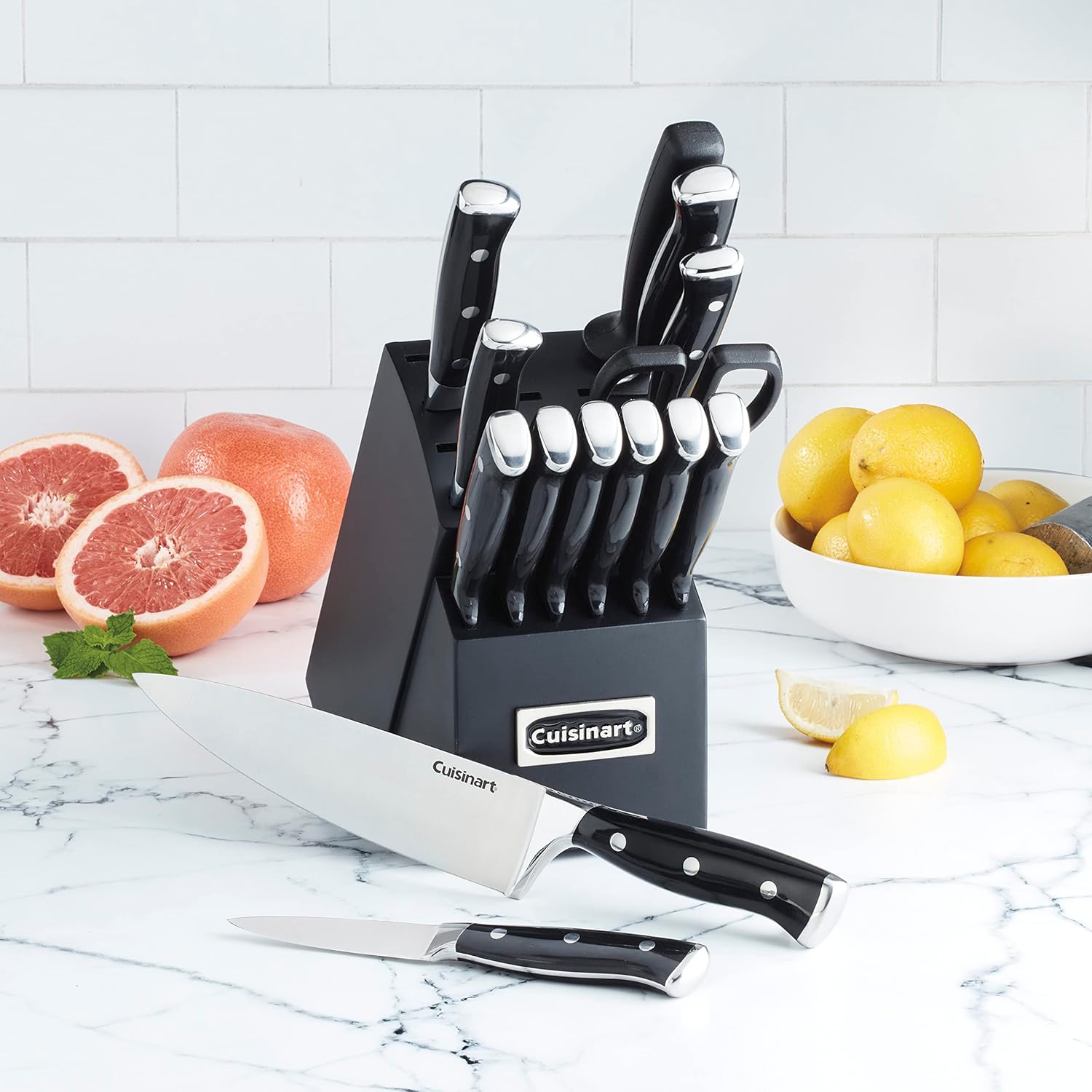 Cuisinart 15-Piece Knife Set with Block, High Carbon Stainless Steel, Forged Triple Rivet, White, C77WTR-15P