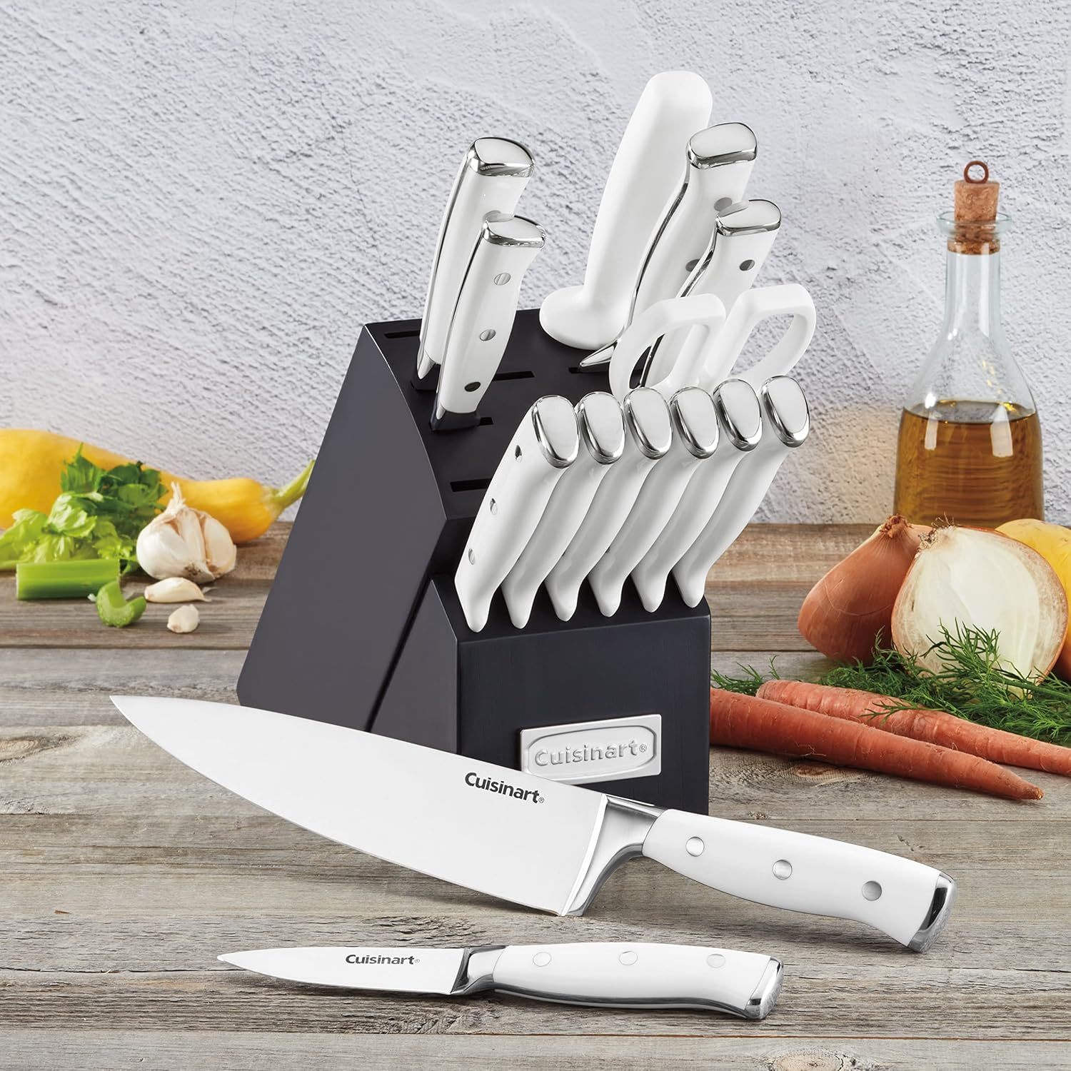 Cuisinart 15-Piece Knife Set with Block, High Carbon Stainless Steel, Forged Triple Rivet, White, C77WTR-15P