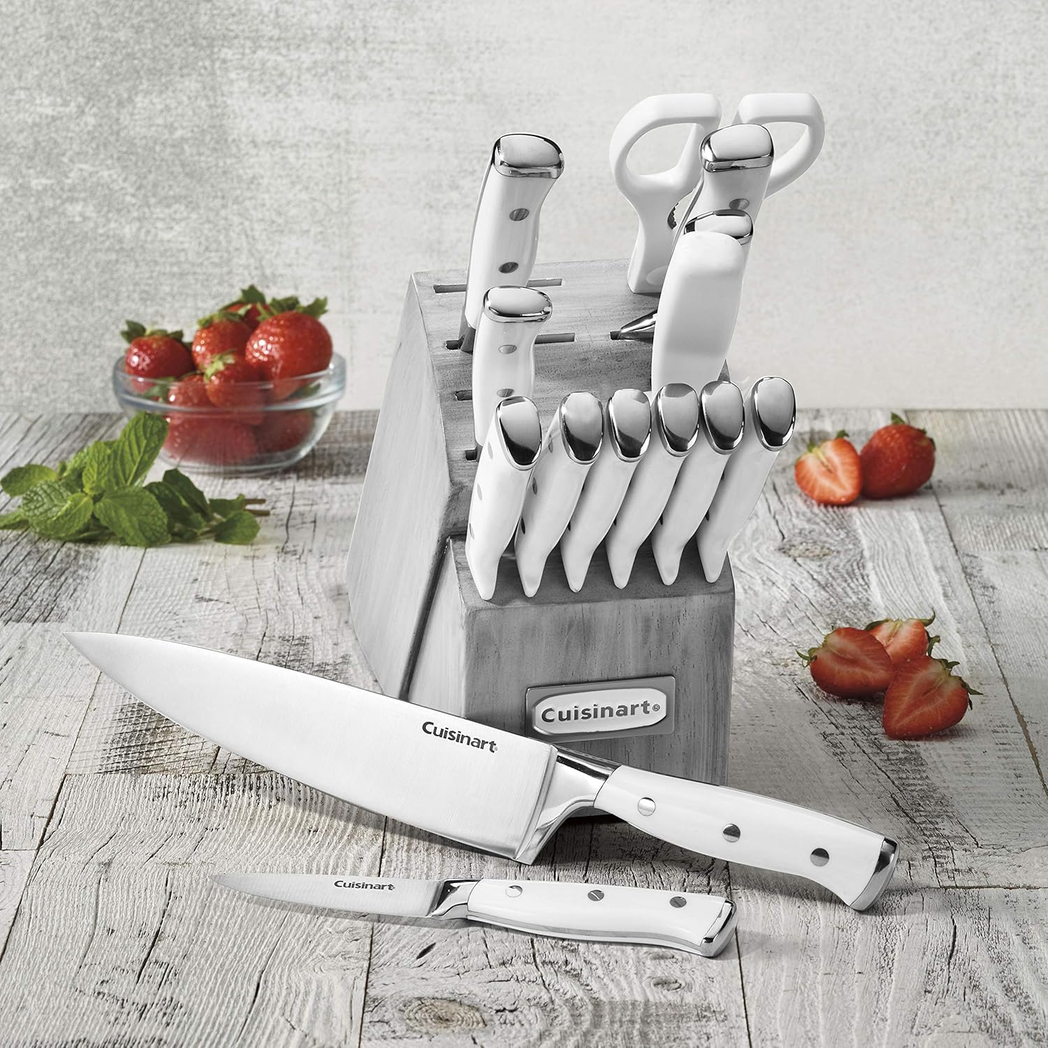 Cuisinart 15-Piece Knife Set with Block, High Carbon Stainless Steel, Forged Triple Rivet, White, C77WTR-15P