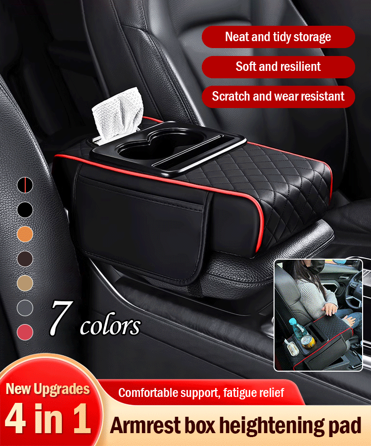 Bracciolo universale 4 in 1 in pelle per auto con porta fazzoletti incorporato e portabicchieri