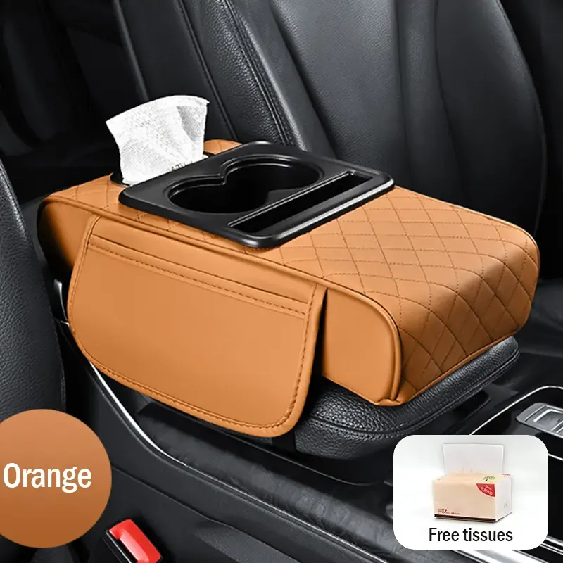 Bracciolo universale 4 in 1 in pelle per auto con porta fazzoletti incorporato e portabicchieri