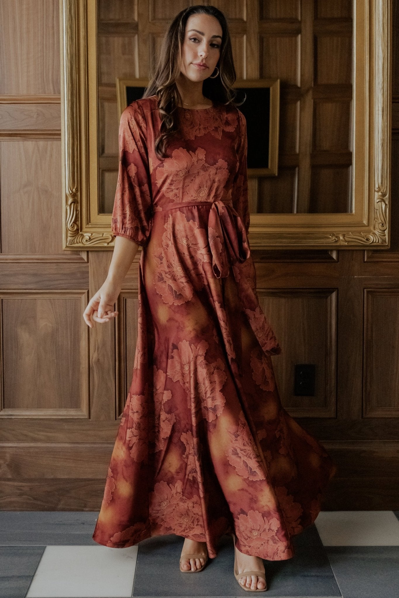 Paula Satin Maxi Dress | Terracotta Floral-My Beautiful Style