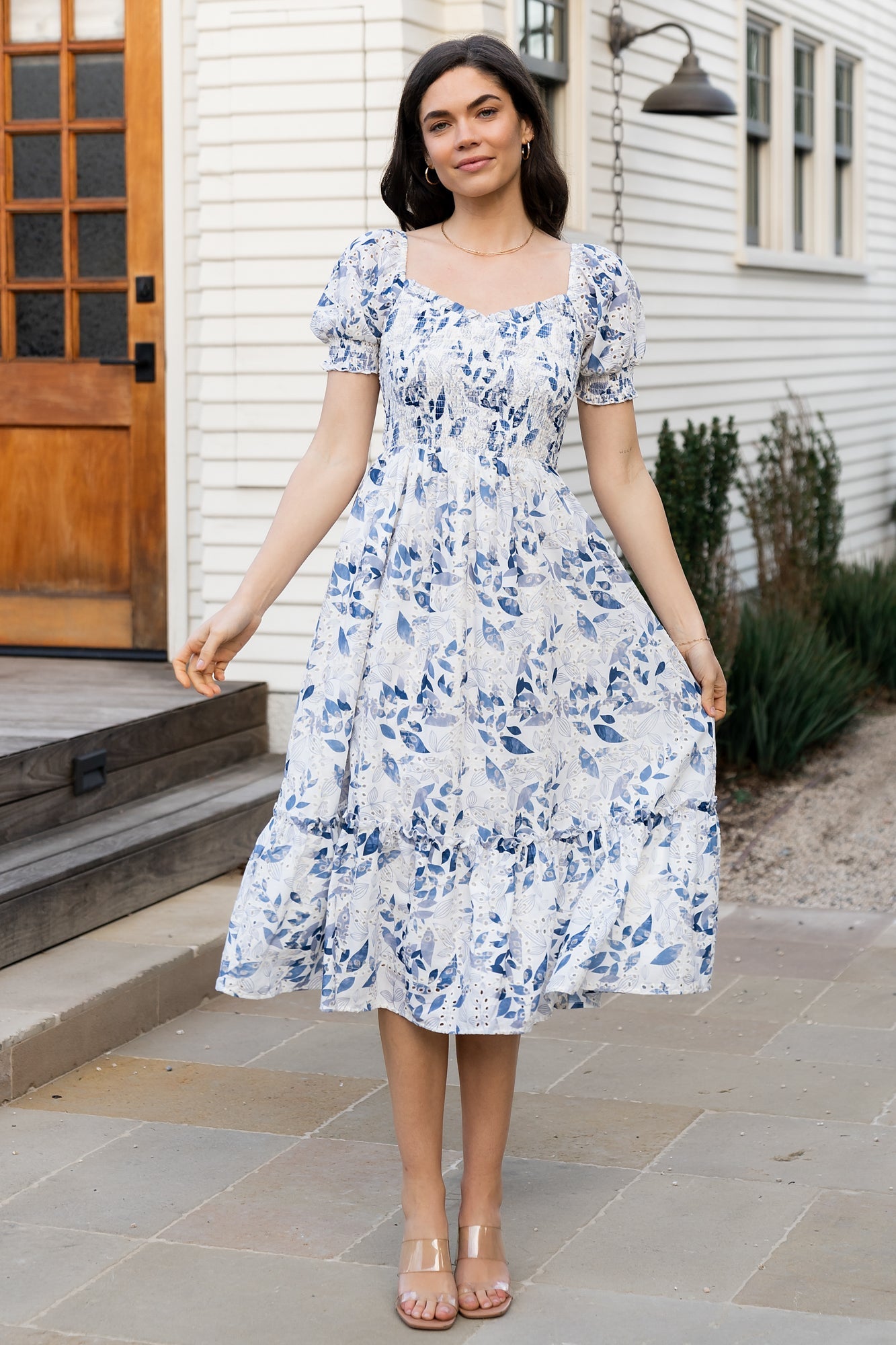 Piper Eyelet Midi Dress | Off White + Blue Floral-My Beautiful Style